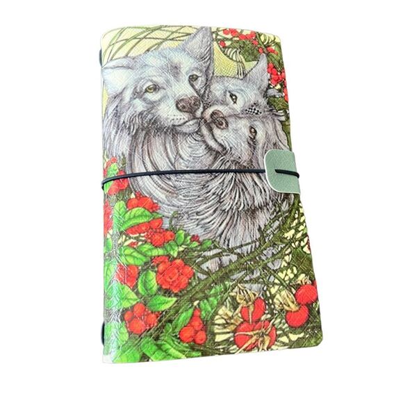 Two Wolves with Rose Hip Faux Leather Reusable Travelers Notebook 8x4.5” - Picture 1 of 8